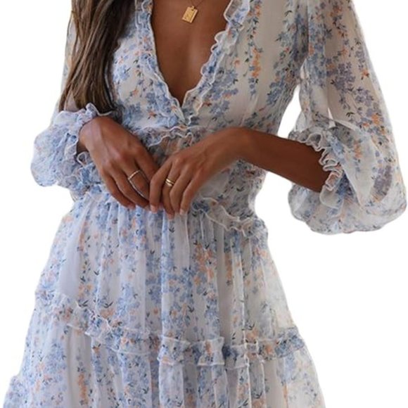 Amazon Eytino Women Bohemian Floral Printed Deep V Neck Long Sleeve Mini Dress M - Picture 3 of 11